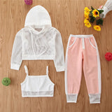 Baby Girls Sporty 3Pc Net Mid-Cropped Hoodie, Trendy Sports Top & Fashion Jogger Set.