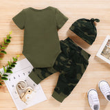 Newborn Baby, "Mama's Boy" 3Pc Short Sleeve Bodysuit, Camouflage Pants & Hat Set.