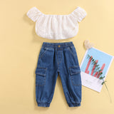 Fashion Girls 2Pc Summer Outfit. Puff Sleeve Off Shoulder Top & Blue Jeans Set