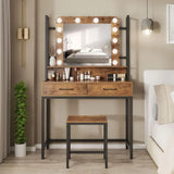 Glamorous Makeup Vanity Table Set with 3 Setting Dimmable Colors Lighted Mirror & Stool. (Various Styles to Choose From)