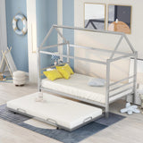 Kids Twin Size House Shaped Metal Platform Bed With Trundle
