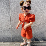 Girls Two Piece Short Puff Sleeves Tie Up Shirt & Shorts Summer Set