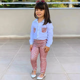 Little Fashionista 2Pc Long Sleeve White Blouse and Pink Sequins Pants Set.