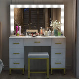Teen Girls Large Makeup Vanity with 14PCS LED Bulbs, Cushioned Stool & 7 Drawers
