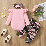 0-18 Months Baby Girl Long Sleeve Bodysuit, Pink Camouflage Pants & Stylish Headband Set