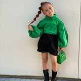 Baby Fashionista 2Pc Long Puff Sleeve Solid Green Blouse and Black Shorts Set