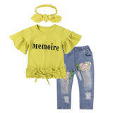 Baby Girls 3Pc Short Sleeve Fashion Top, Trendy Ripped Jeans and Head Scarf Set