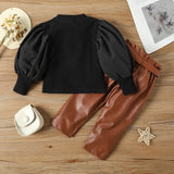 Fashion Girls Elegant Puff Sleeved, Ribbed Blouse & PU Leather Pants with Belt Set