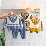 Kids 3Pcs Sweater Vest, shirt, & Pants Sets, For Both Girls & Boys