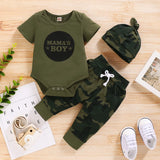 Newborn Baby, "Mama's Boy" 3Pc Short Sleeve Bodysuit, Camouflage Pants & Hat Set.