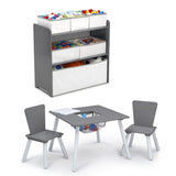 Children 4-Piece Toddler Playroom Table, Chair and Multi-Bin Toy Organizer Set. Blue, Pink or Grey