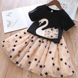 Girl Fashionable Swan T-shirt & Stars Tulle Skirt, 2Pcs Set