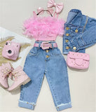 Fashion Girls 2Pc Pink Sleeveless Feather Camisole & Crimping Denim Jeans Set.