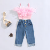 Fashion Girls 2Pc Pink Sleeveless Feather Camisole & Crimping Denim Jeans Set.