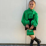 Baby Fashionista 2Pc Long Puff Sleeve Solid Green Blouse and Black Shorts Set