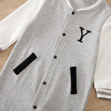 Baby Boy Letter Embroidered Spliced Long-sleeve Sporty Jumpsuit