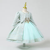 Girls Elegant 3pc Set Royal Ensemble. Long Sleeve Pearls Bowknot Jacket, Gown and Matching Purse.