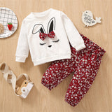 Baby Girls 2Pc Cotton Long-sleeve Cartoon Rabbit Print Sweatshirt and Floral Print Pants Set