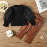 Fashion Girls Elegant Puff Sleeved, Ribbed Blouse & PU Leather Pants with Belt Set