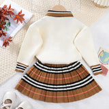 Girls Stylish Two Piece Stripe Knitted Sweater and Pleated Skirt Set