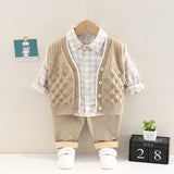 Baby Boys 3Pc Cotton Cardigan Sweater Vest, Plaid Shirt & Pants Set