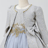 Girls Elegant 3pc Set Royal Ensemble. Long Sleeve Pearls Bowknot Jacket, Gown and Matching Purse.