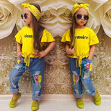 Baby Girls 3Pc Short Sleeve Fashion Top, Trendy Ripped Jeans and Head Scarf Set