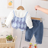 Baby Girls Chic 3Pc Knitted Tank-Top Vest ,Puff Sleeve Shirt and Jeans Set.