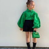 Baby Fashionista 2Pc Long Puff Sleeve Solid Green Blouse and Black Shorts Set