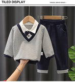 Baby Boys 2PC Little Gentleman Outfits. Long Sleeves Sweater-Shirt (Button Down Look Built In) and Trousers Set.