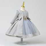 Girls Elegant 3pc Set Royal Ensemble. Long Sleeve Pearls Bowknot Jacket, Gown and Matching Purse.