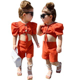 Girls Two Piece Short Puff Sleeves Tie Up Shirt & Shorts Summer Set