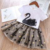 Girl Fashionable Swan T-shirt & Stars Tulle Skirt, 2Pcs Set