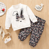 Baby Girls 2Pc Cotton Long-sleeve Cartoon Rabbit Print Sweatshirt and Floral Print Pants Set