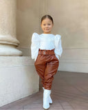 Fashion Girls Elegant Puff Sleeved, Ribbed Blouse & PU Leather Pants with Belt Set