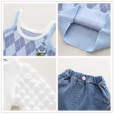 Baby Girls Chic 3Pc Knitted Tank-Top Vest ,Puff Sleeve Shirt and Jeans Set.