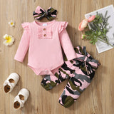 0-18 Months Baby Girl Long Sleeve Bodysuit, Pink Camouflage Pants & Stylish Headband Set