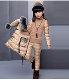 Girls 3Pc Warm Fur Hooded Puffer Vest Coat, Puffer Sleeves Shirt and Puffer Pants Set