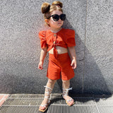 Girls Two Piece Short Puff Sleeves Tie Up Shirt & Shorts Summer Set