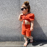 Girls Two Piece Short Puff Sleeves Tie Up Shirt & Shorts Summer Set