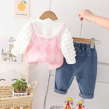 Baby Girls Chic 3Pc Knitted Tank-Top Vest ,Puff Sleeve Shirt and Jeans Set.