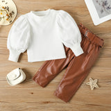 Fashion Girls Elegant Puff Sleeved, Ribbed Blouse & PU Leather Pants with Belt Set