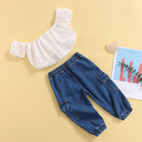 Fashion Girls 2Pc Summer Outfit. Puff Sleeve Off Shoulder Top & Blue Jeans Set