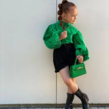 Baby Fashionista 2Pc Long Puff Sleeve Solid Green Blouse and Black Shorts Set