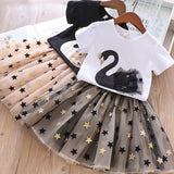 Girl Fashionable Swan T-shirt & Stars Tulle Skirt, 2Pcs Set