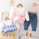 Baby Girls Chic 3Pc Knitted Tank-Top Vest ,Puff Sleeve Shirt and Jeans Set.