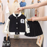 Baby Girls Sporty Letterman Cardigan Jacket and Pleated Skirt Set