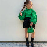 Baby Fashionista 2Pc Long Puff Sleeve Solid Green Blouse and Black Shorts Set