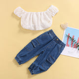 Fashion Girls 2Pc Summer Outfit. Puff Sleeve Off Shoulder Top & Blue Jeans Set