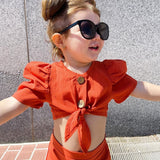 Girls Two Piece Short Puff Sleeves Tie Up Shirt & Shorts Summer Set